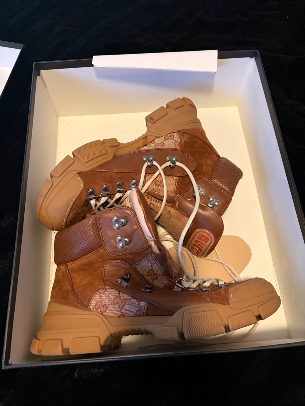 Gucci Brown Tan Platform Lace-Up Hiking Boots - Women's